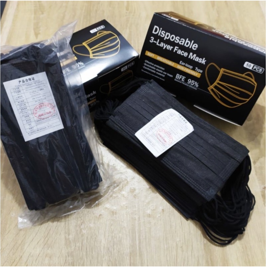 Masker EARLOOP HEADLOOP 3PLY / 3 LAPIS Hitam/Biru Face Mask Earloop 3 ply ISI 50 PCS Termurah!!