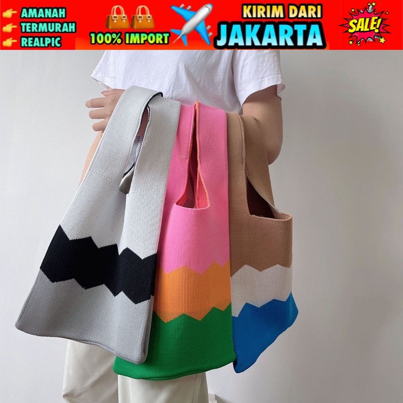 TI 3147 - Tas BUFFOLLOW Vacay Tote Bag Motif Gelombang 3 Warna - Tas BUFOLLOW BUFFOLOW BAG VIRAL THAILAND - BENE Korean Knitted Checkered Tote Bag / Tas Rajut Korea - E1