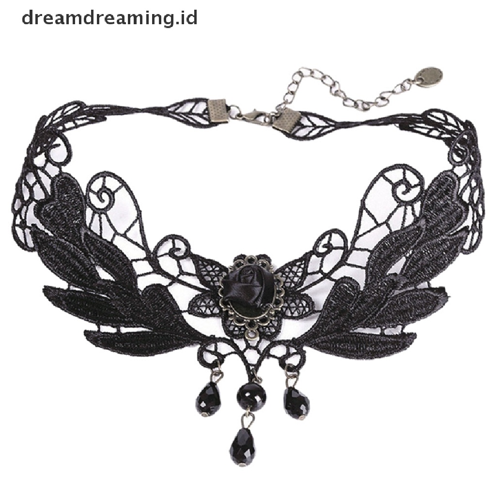 Dreamdreaming.id Kalung Choker Wanita Bahan Lace Hias Mawar Hitam