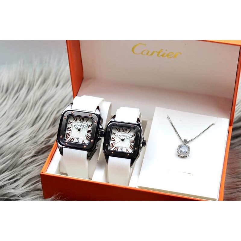 jam tangan couple NEW Cartier rubber tanggal aktif free kalung DM4cm &amp; DM3.8cm +box