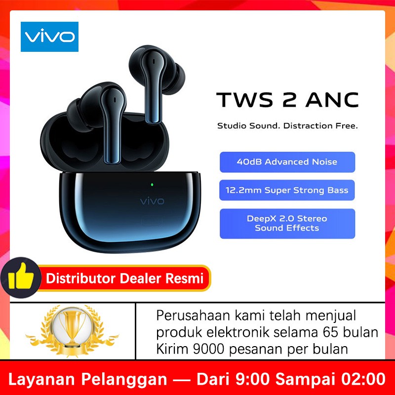 Vivo TWS 2 ANC earphone bluetooth vivo TWS 2e earphone bluetooth Garansi Resmi 29-hour Ultra Long Battery Life-40dB Advanced Noise, 12.2mm Super Strong Bass, Studio Sound，DeepX 2.0 Stereo Sound Effects COD