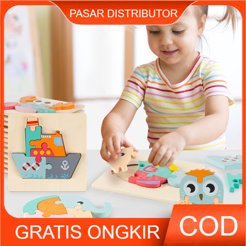 Mainan Edukasi Anak 3D CARTOON SNAP PUZZLE Mainan Puzzle Kayu Belajar