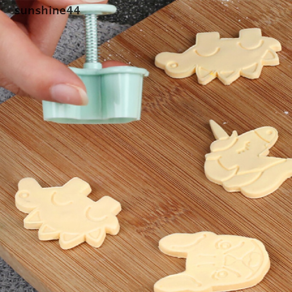 Sunshine 4Pcs / set Cetakan Plunger Kue Bentuk Unicorn / Dinosaurus / Mahkota Bahan Plastik