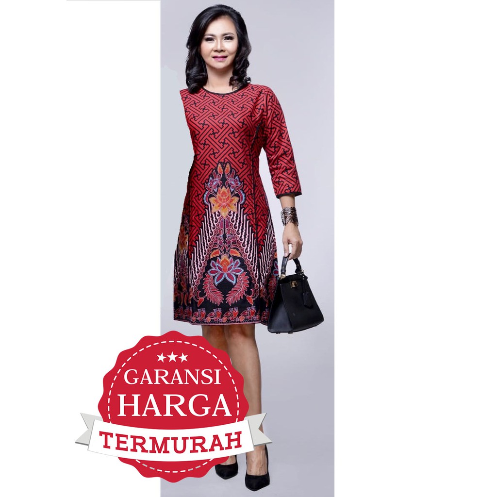 Dress Batik Wanita Seragam 2728 Merah 4L 5L JUMBO