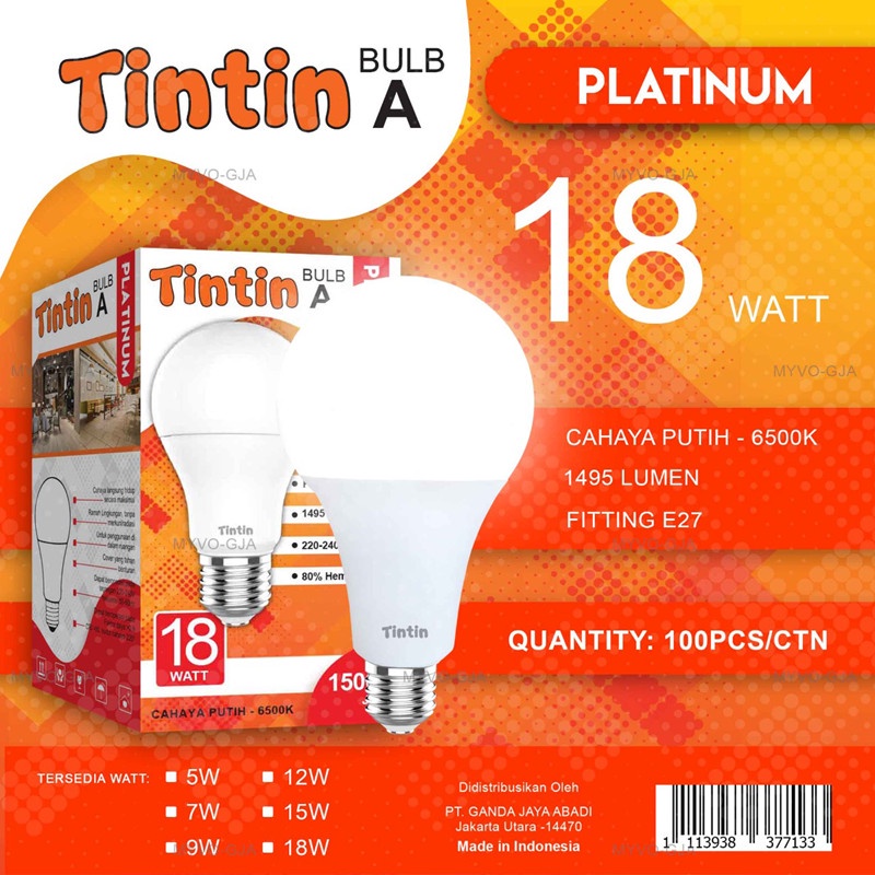 LAMPU LED NEW TINTIN PLATINUM CAHAYA PUTIH 5 W, 7 W, 9W, 12W, 15W, 18W GARANSI RESMI 1 TAHUN