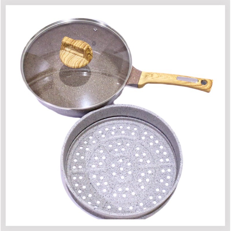 Wok Pan Marble Non Stick 26Cm Alat Masak Pengorengan Anti lengket Serbaguna 2 Tingkat