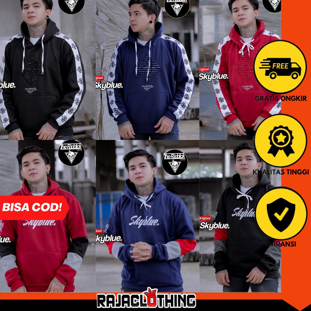 RCL - Jaket Sweater Hoodie Polos Pria Wanita Premium Distro - Hoodie Skyblue 3D Pelat Original Riddick MMH