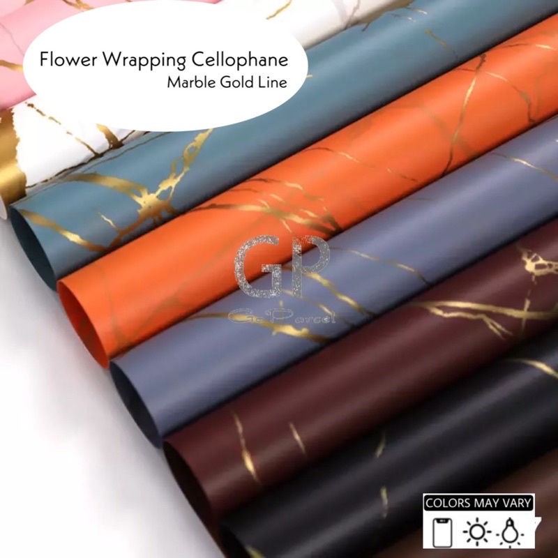 ( 5 Lembar ) MARBLE GOLD LINE - FLOWER WRAPPING KOREAN CELLOPHANE WATERPROOF - KERTAS KARANGAN BUNGA LIS LINE GARIS EMAS