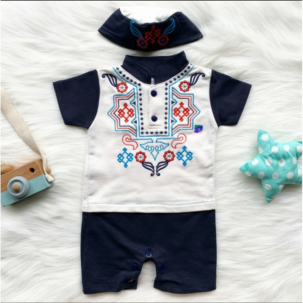 Koko bayi cowok motif bordir lucu free peci lebaran akikah fashion anak laki baby boy murah -kok