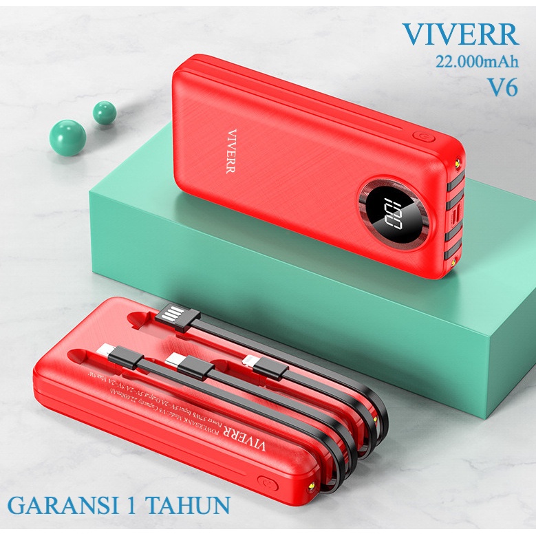 Powerbank VIVERR V6 Kapasitas 22.000 mAh Fast charging Original Garansi 1 tahun.