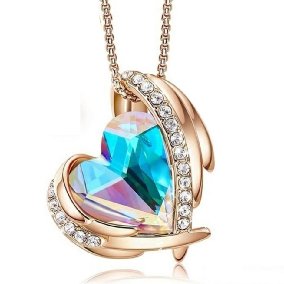 Aksesoris Kalung Hati Biru Diamond Liontin Necklace Gold Blue Emas Fashion
