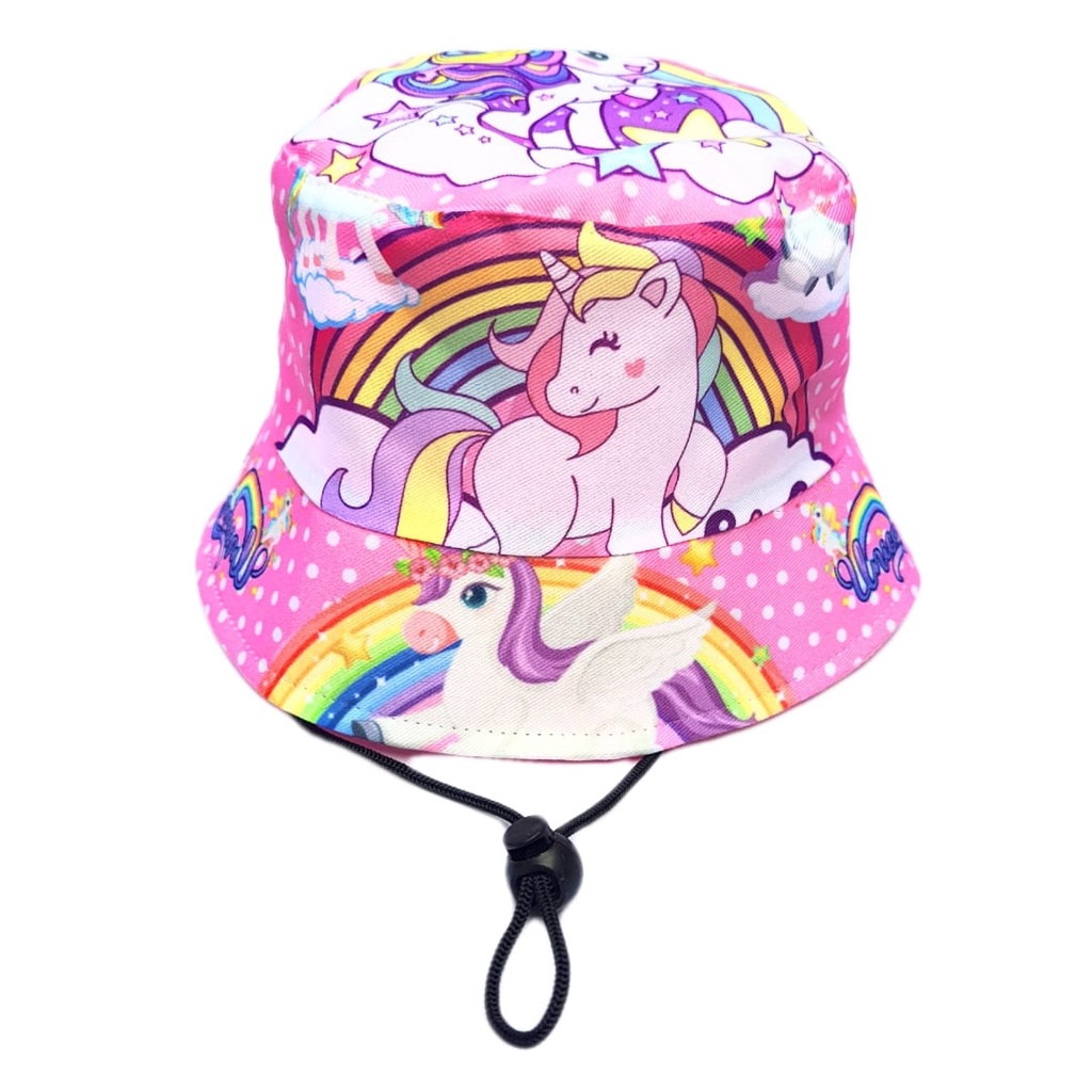 Topi Bucket Anak Perempuan Cewek Ada Tali Unicorn Kuda Poni Lucu Full Print Sublim