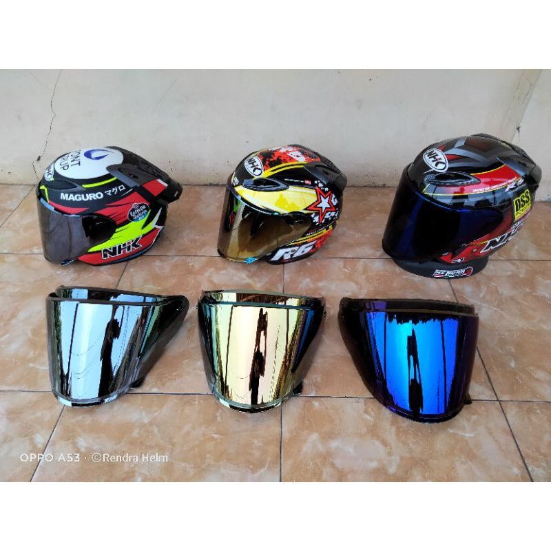

Kaca Visor NHK R6 R 6 FLAT Datar Model Venom Iridium Gold Silver Blue Chrome Gratis Rachet Bracket Sepasang Merk Three