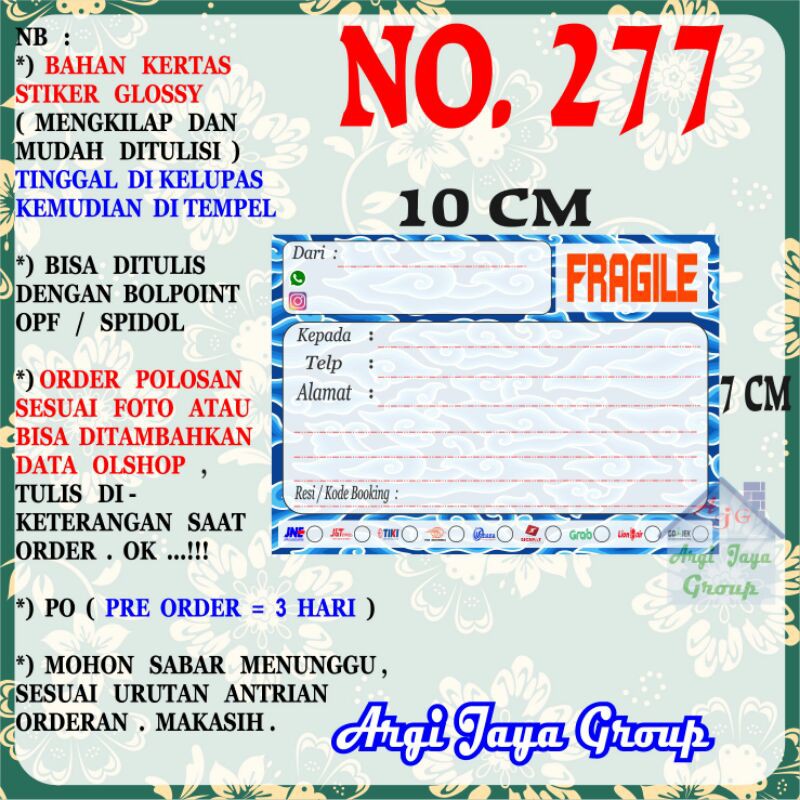 

Stiker Pengiriman - Sticker Alamat Olshop Murah Nomer 277 - 10x7 cm - Glossy