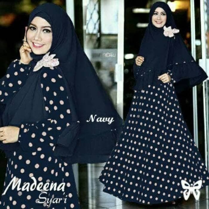 TERLARIS PAKAIAN SET GAMIS WANITA MUSLIM SYARI LEBARAN polkadot hitam navy putih syari maxi maxy dre