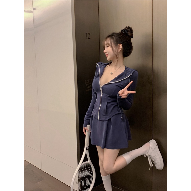 Olahraga Manis Gadis Panas Temperamen Fashion Suit Wanita Musim Panas Biru Tipis Sweater Mantel Ping