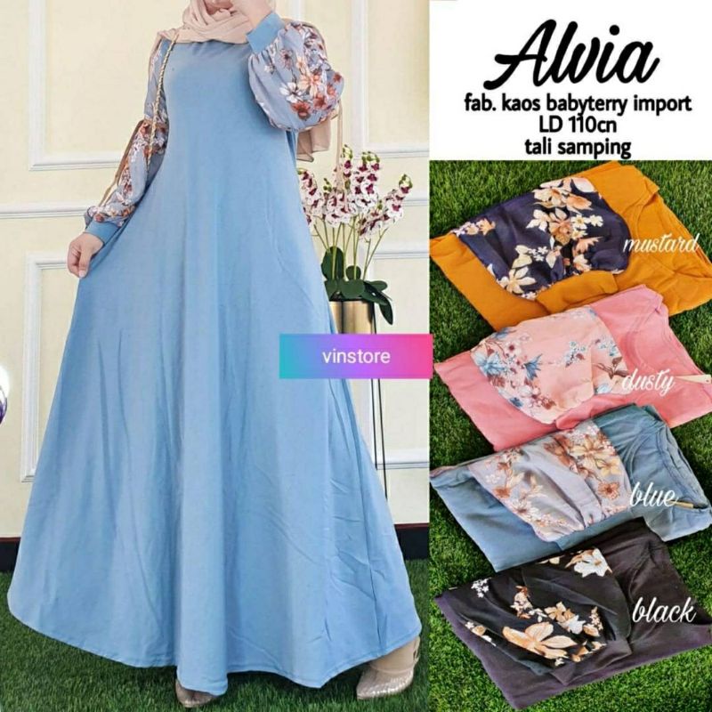 Alvia Maxy, GAMIS WANITA MUSLIM CANTIK JUMBO BAHAN BABYTERRY IMPORT LD 110-124 TERMURAH JUMBO OOTD