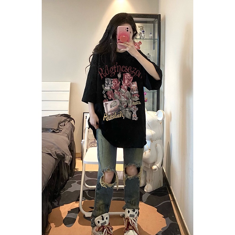 EUNII T-shirt Lengan Pendek Retro Mawar Pencetakan Longgar Korean Style/Kaos Atasan Wanita/Baju Kaus Oversize Wanita