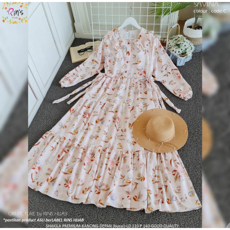 Dress Savina Ori by Rins gamis motif bunga longdress maxy shakila pinggang pita lebar rok 4m busui