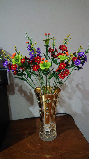 Bunga Akrilik Sakura Merah Putik Kuning Mote Manik Manik