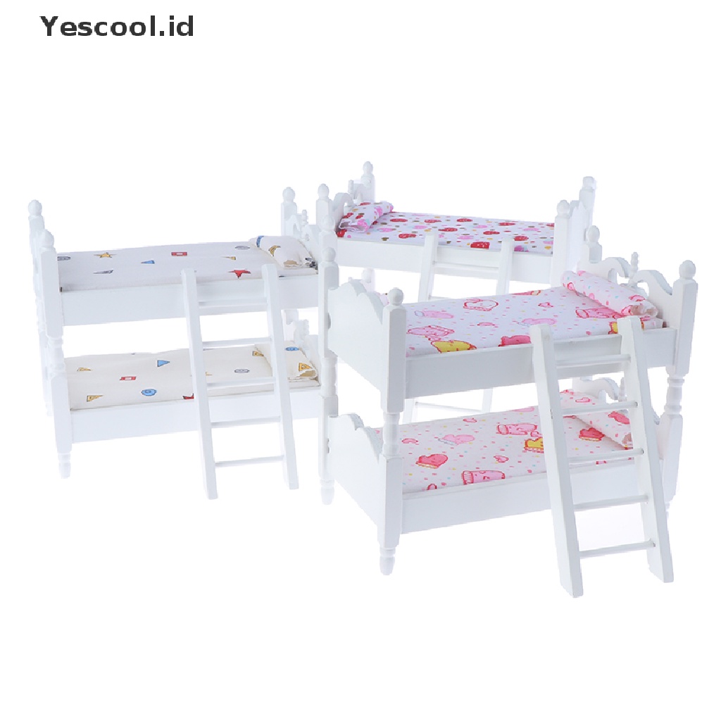 【Yescool】 1:12 Dollhouse Kids Mini Bunk Bed Toy Bedroom Model for Children Doll Accessery .