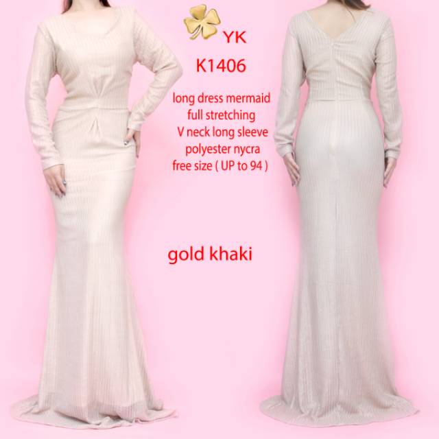 Oslong 1406 mermaid maxi long dress v neck longdress polyester pesta wedding import goldkhaki black