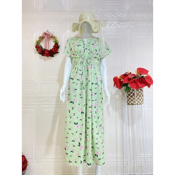 DASTER SERUT NON RUFFLE / DASTER SERUT RAYON PANJANG SEMATA KAKI-N-Bunga Hijau