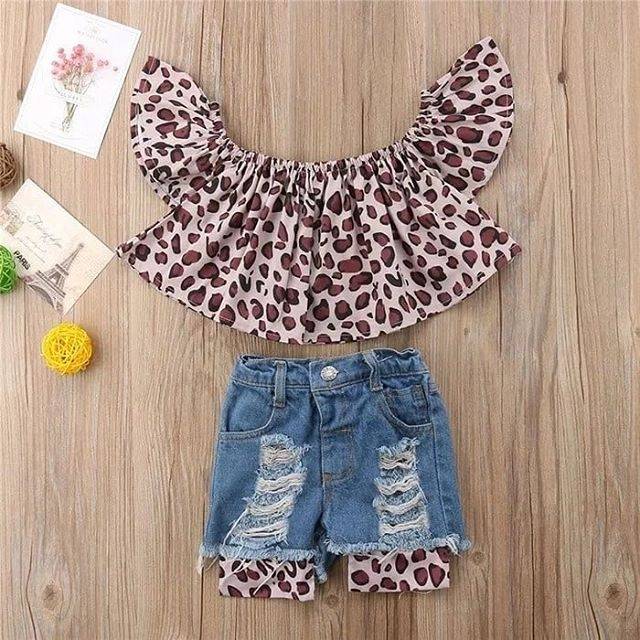Baju bayi setelan anak perempuan baju sabrina motif loreng macan tutul celana pendek jeans
