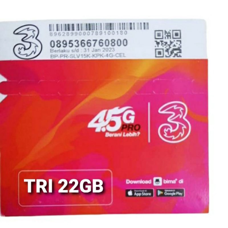 Kartu Perdana TRI 22GB + Unlimited Youtube 1 Bulan