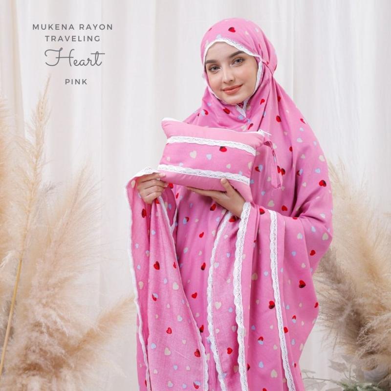 Mukena Dewasa Travelling Cantik Bahan Rayon Adem Motif Heart Lucu Model Elegan