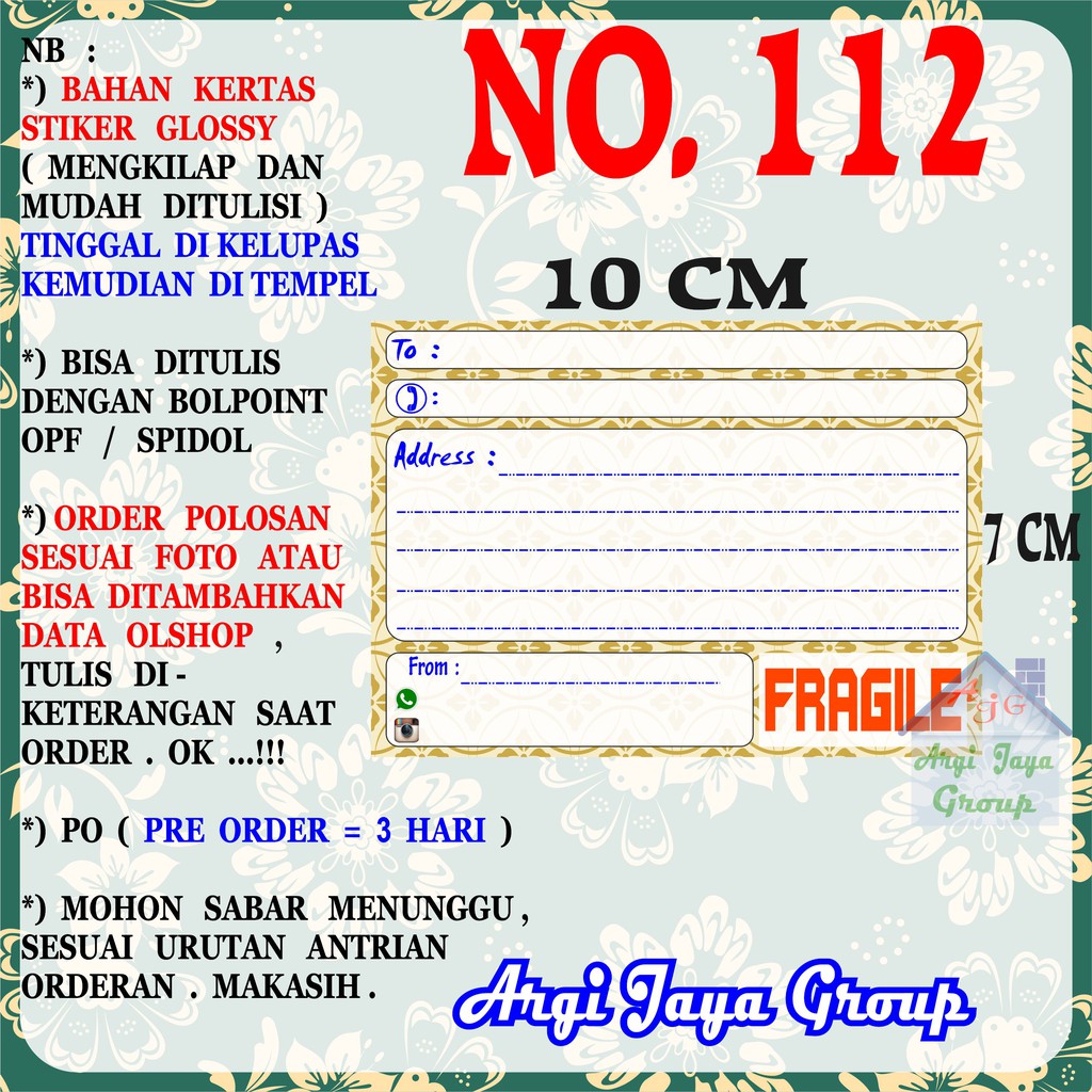 

Stiker Pengiriman - Sticker Alamat Olshop Murah Nomer 112 - 10x7 cm - Glossy