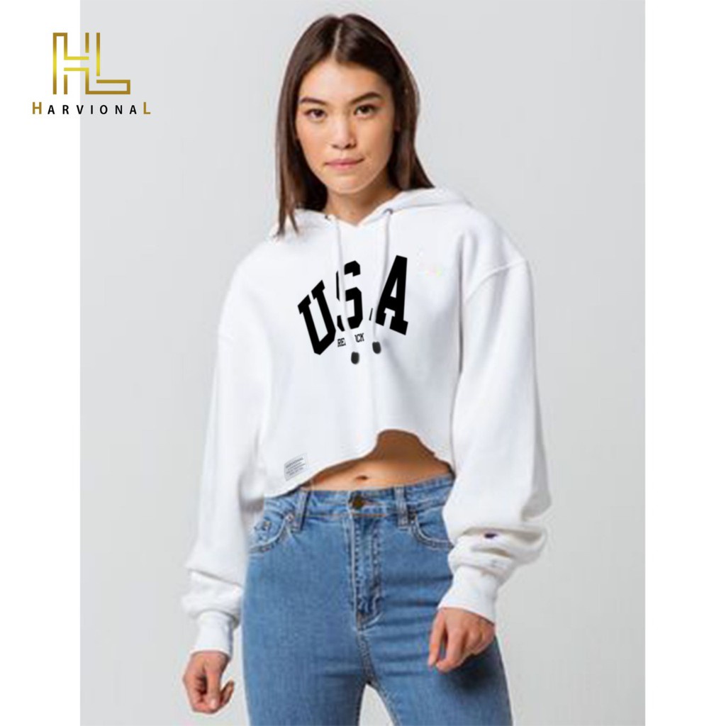 SWEATER CROP HOODIE USA ROCK BAHAN FRENCHTERRY TERLARIS