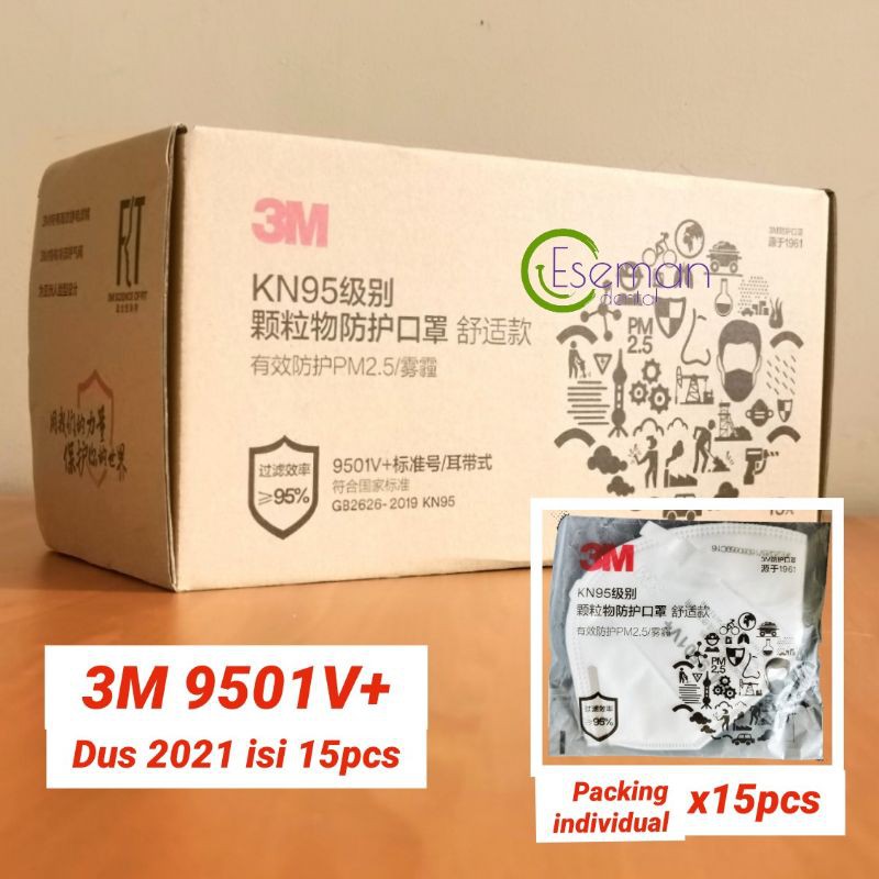 15pcs/box Original 3M 9501V+ Masker Respirator KN95 Katup Earloop 1 dus isi 15pcs 2021 alt. N95 FFP2