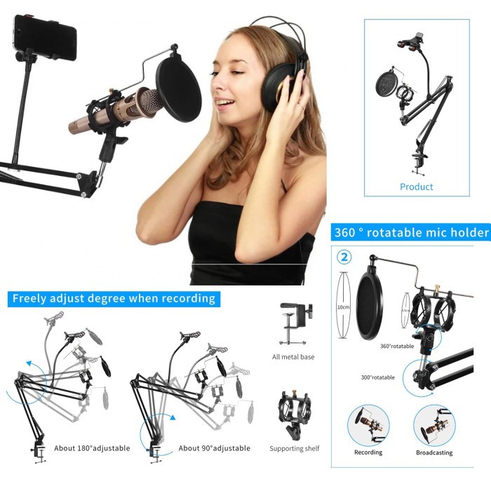 Mic Stand Microphone Pop Filter Arm Jepit Meja Holder Klip HP Smule 35