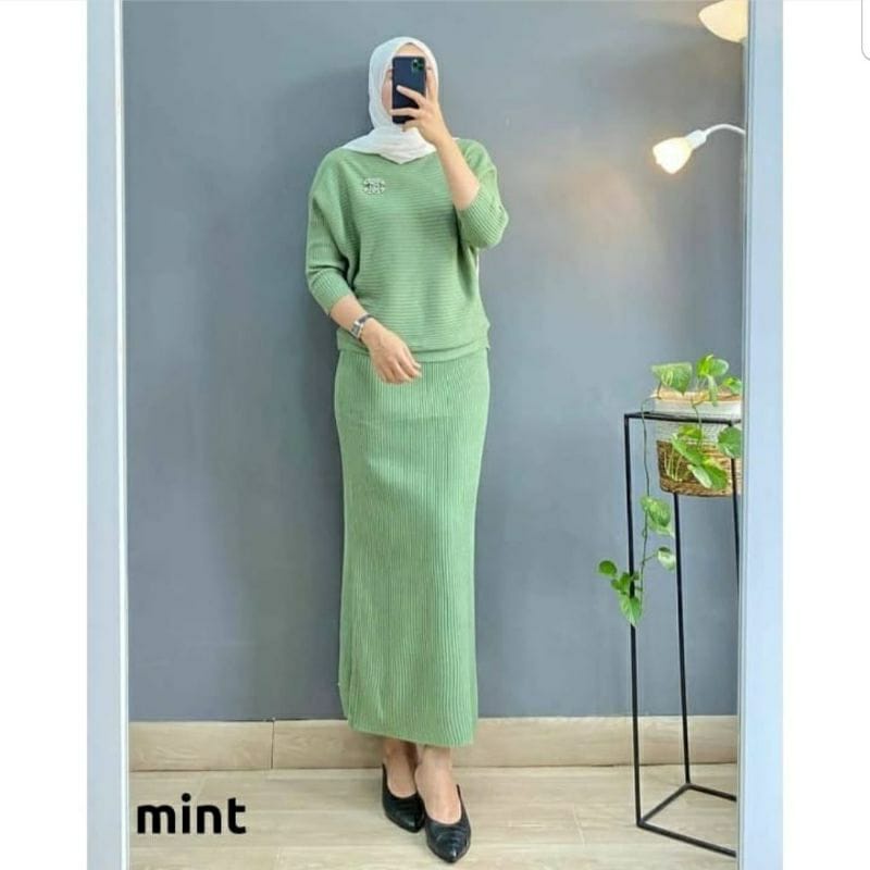 ONESET | SETELAN RAJUT WANITA | BLOUSE BATWING + ROK SPAN PANJANG