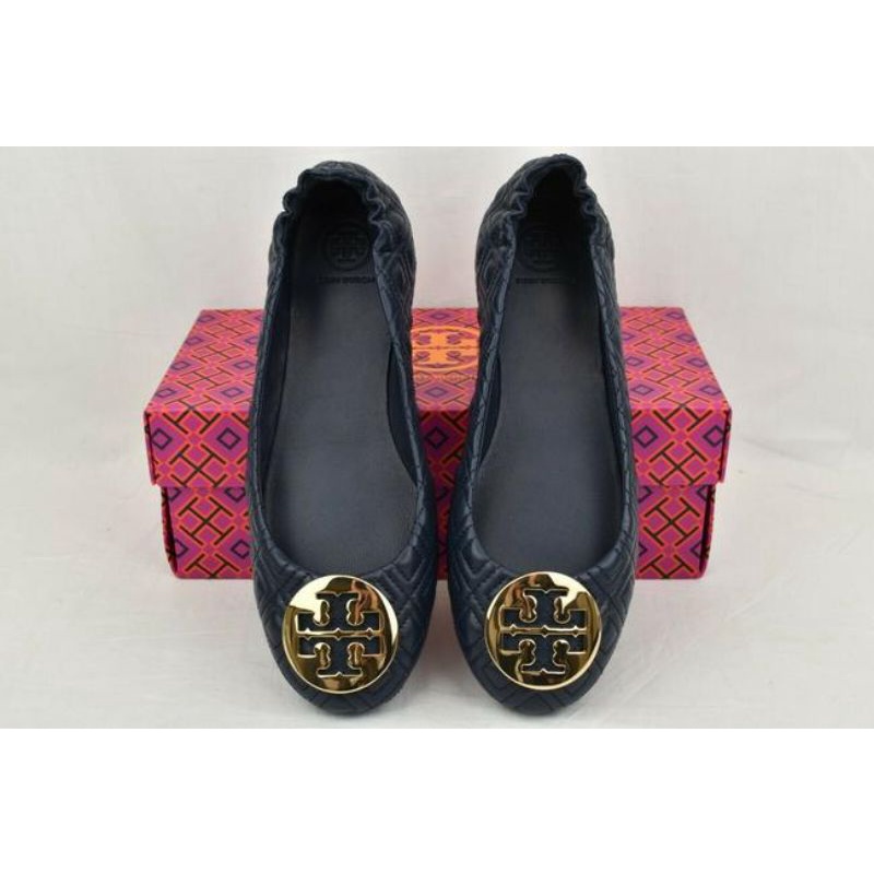 Tory Burch Minnie Quilted Black Nappa Leather Gold Ballet Flats