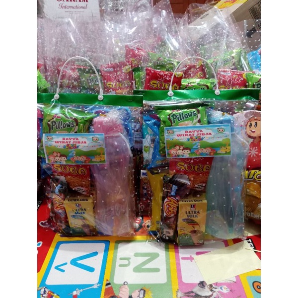 Paket souvenir ulang tahun anak Snack dan botol minum 500ml
