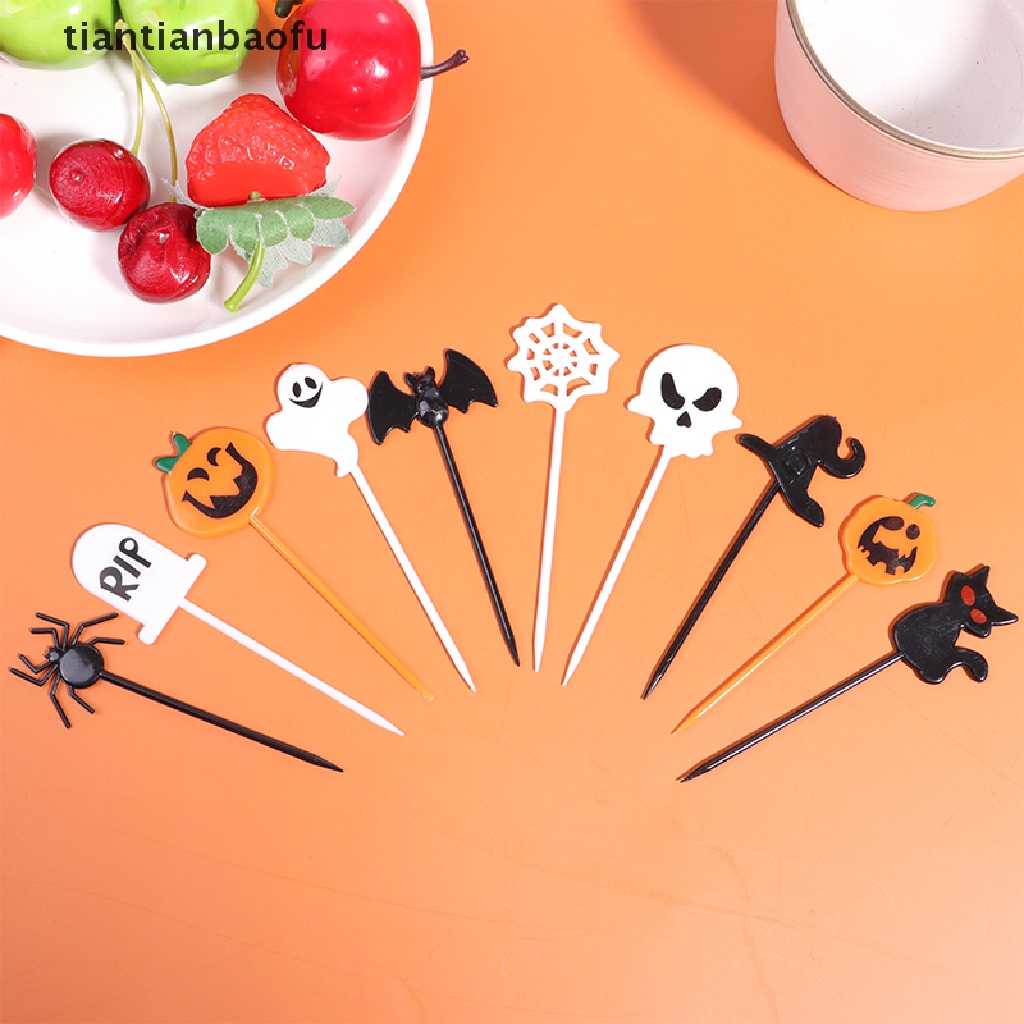 10pcs / Set Tusuk Gigi Buah / Dessert Desain Kartun Halloween Untuk Pesta