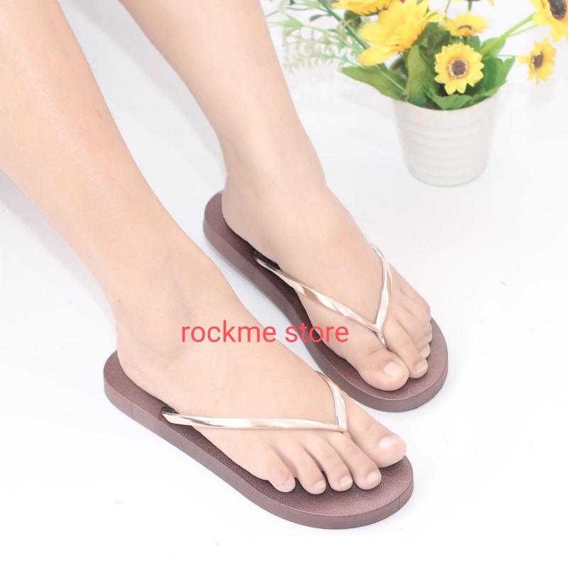 sandal flat karet jelly wanita tali gold