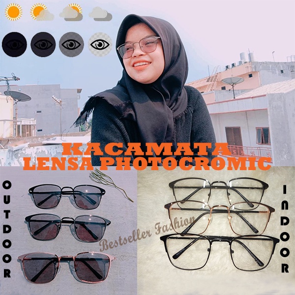 Kacamata Photochromic 2 in 1 Wanita Lensa Rangka Transparan Retro Vintage Metal Frame Eyeglasses