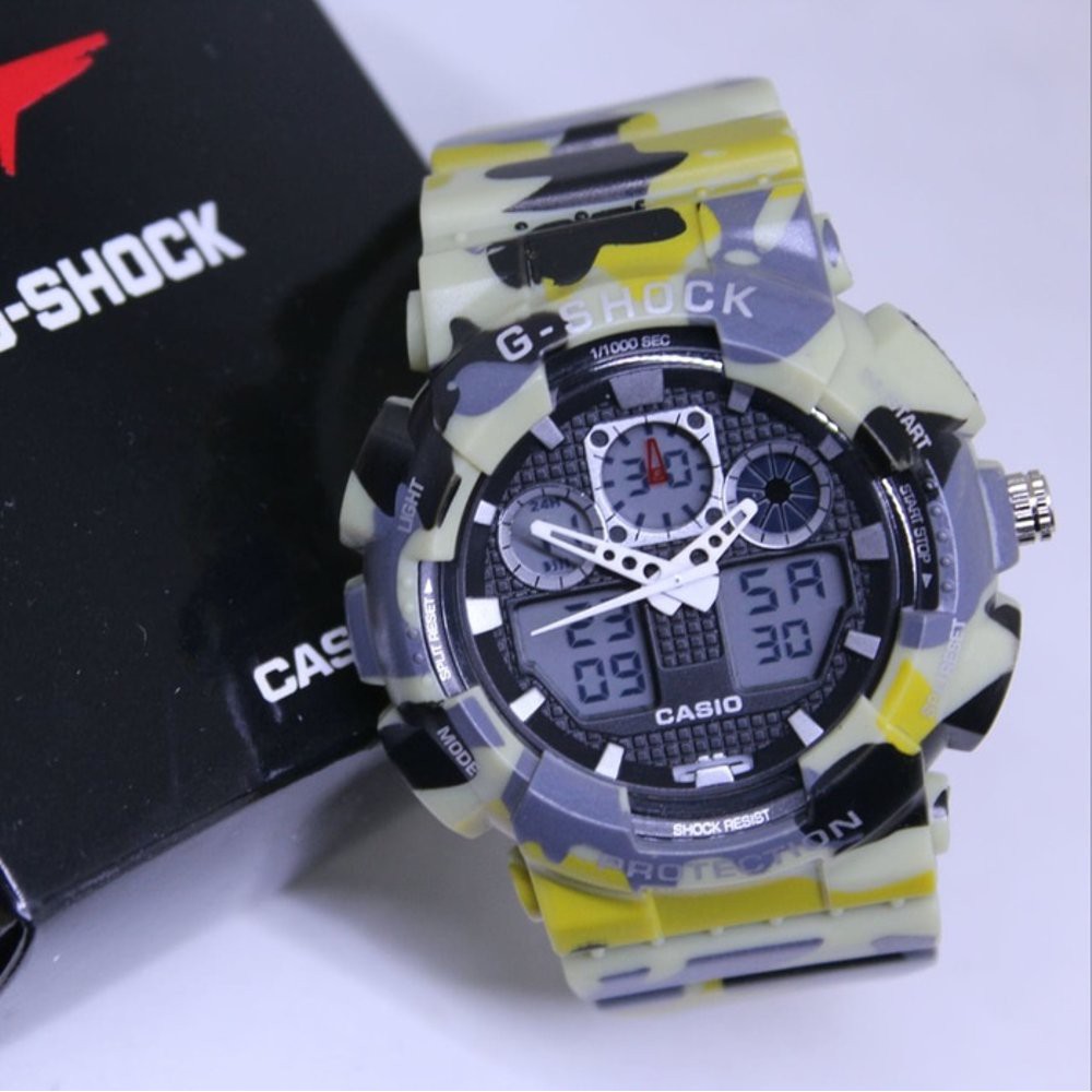 JAM TANGAN PRIA G SHOCK GA 100 ARMY YELLOW GREY BLACK