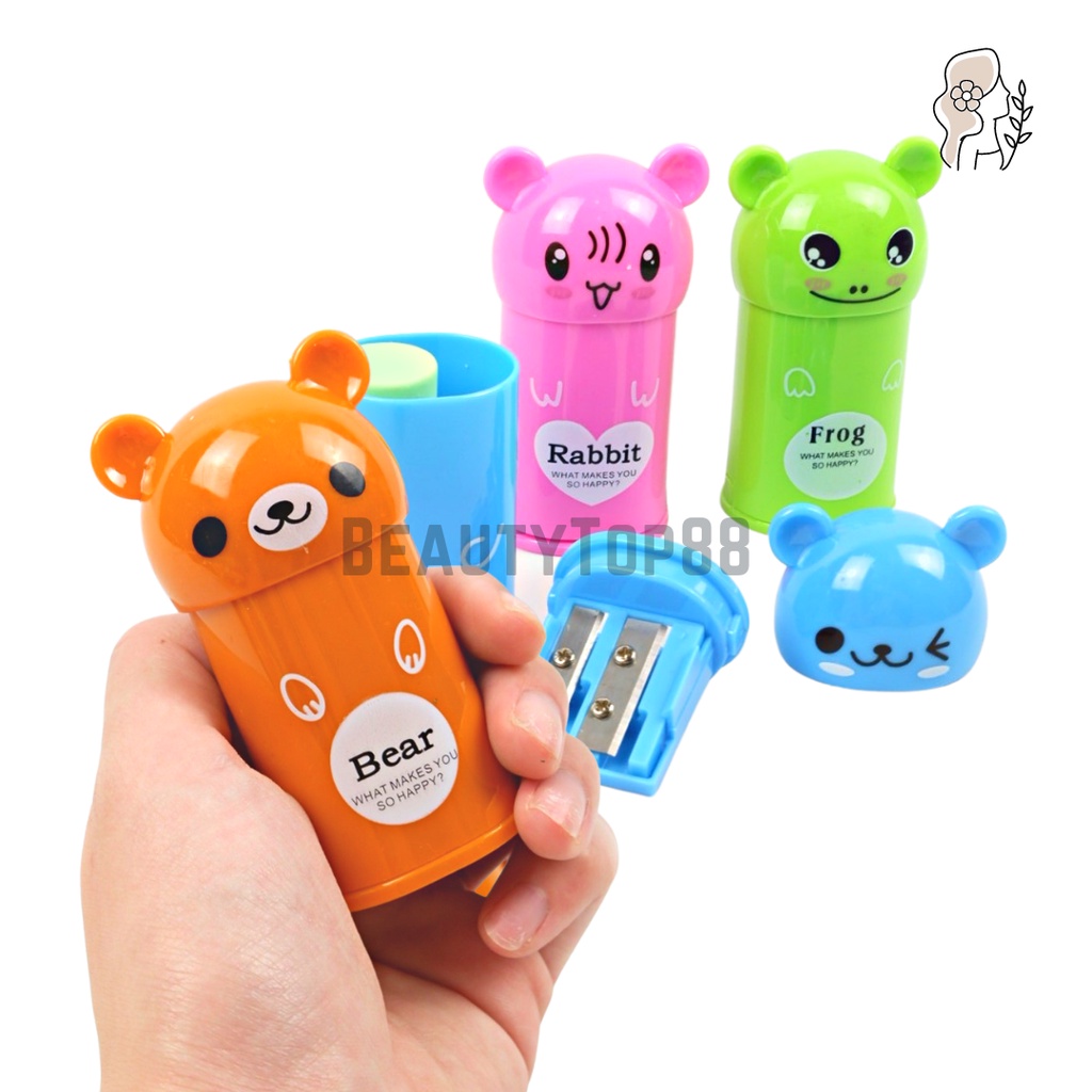 Serutan Karakter Fancy Dengan Penghapus / Rautan 2 Lubang Kepala Rabbit Bear Frog / 2 in 1 Sharpener Eraser