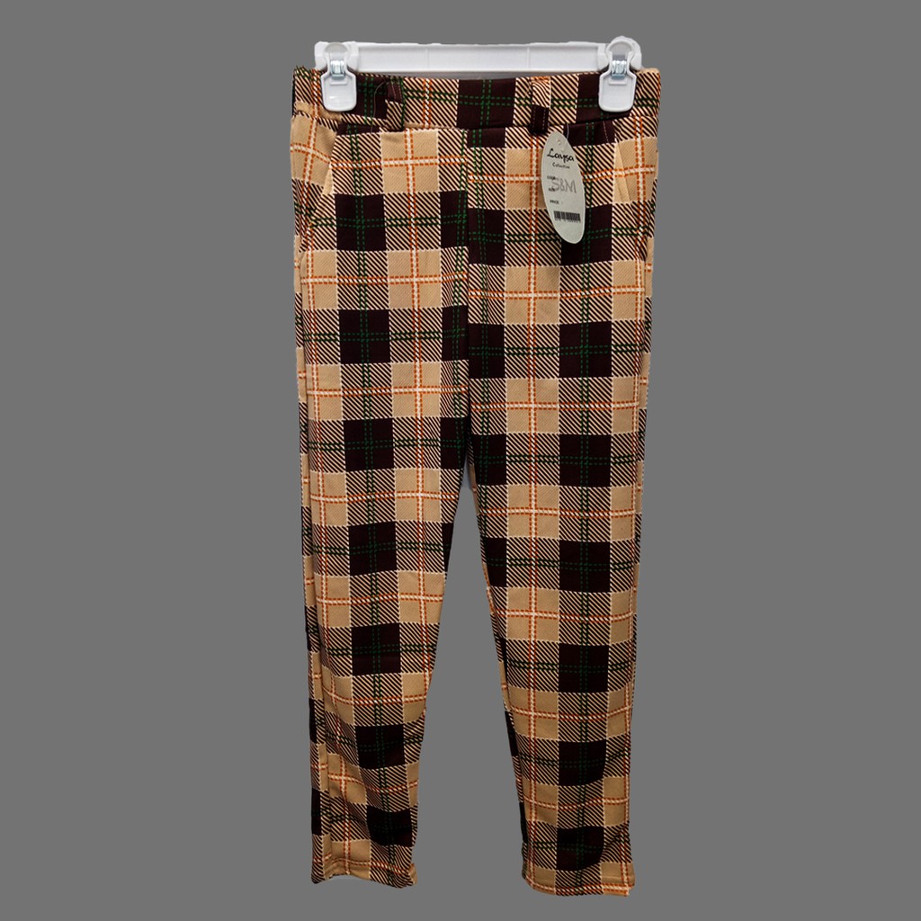 Celana panjang cewek wanita remaja motif kotak salur bahan kain katun