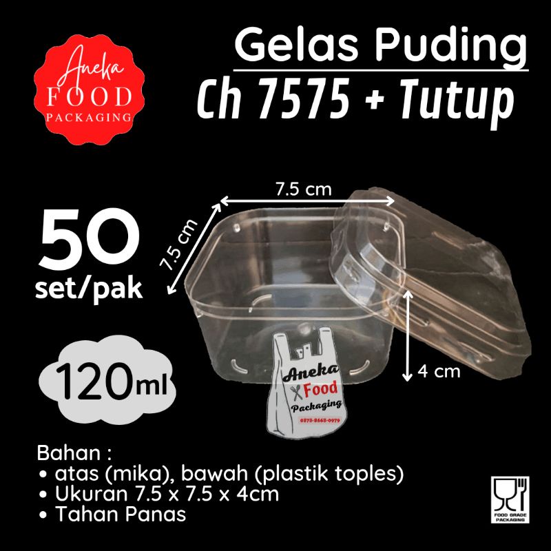 PROMO 50PC- GELAS PUDING/CUP PUDING CH 7575 SEGIEMPAT KECIL 120ML+TUTUP