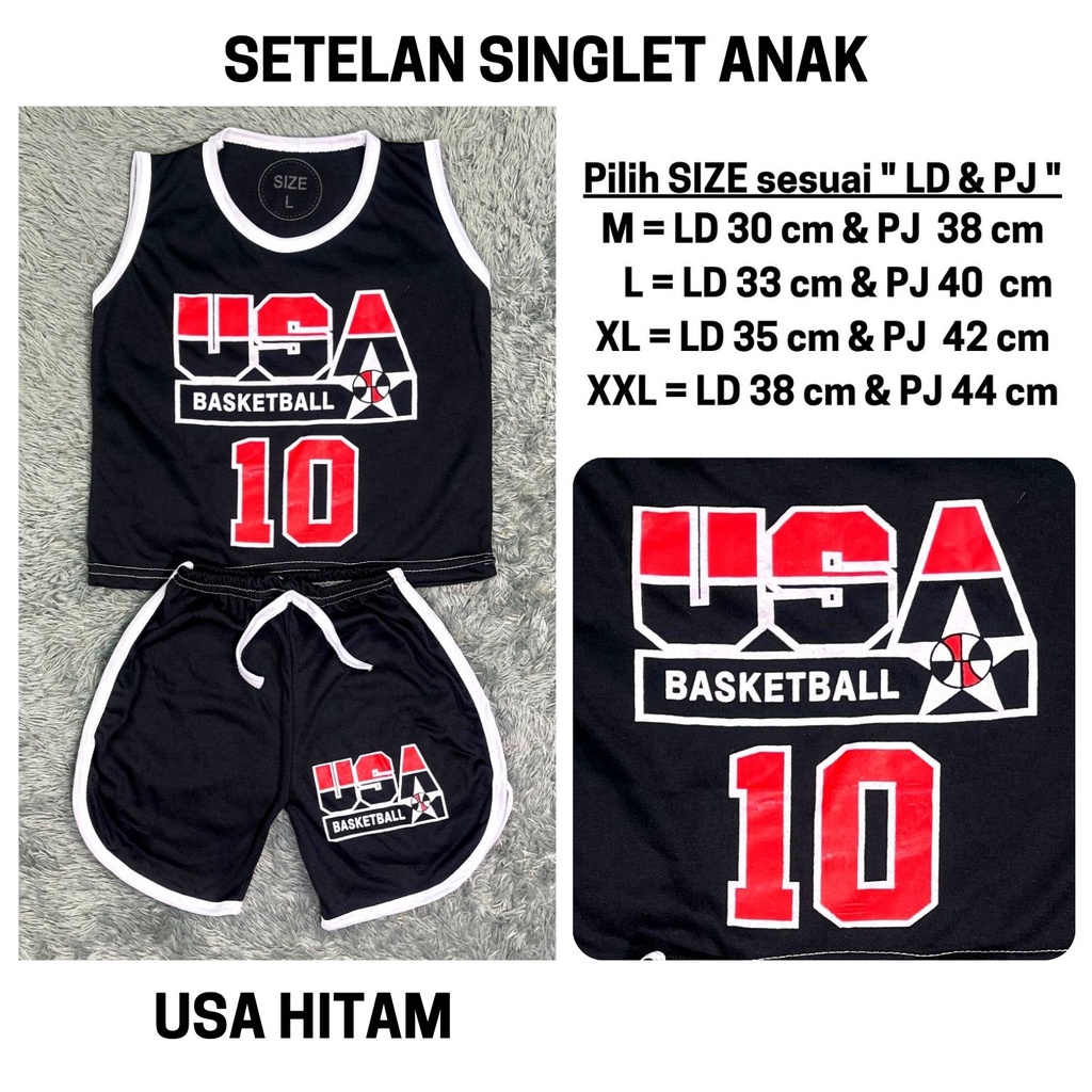 Setelan Anak Laki Laki Stelan Baju Kutung Lekbong Cowok Kaos Bola Basket Singlet Cowo Murah Celana Pendek Harian 3 4 5 6 Tahun Kode 14-14 USA HITAM