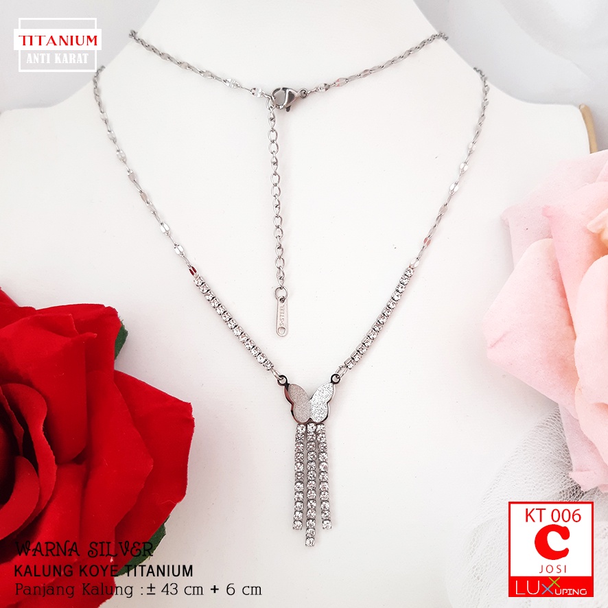 KT 006 Kalung Titanium Kupu Permata Sirkon Anti Karat Perhiasan Kalung Pesta Emas Silver Rose Gold Luxx Xuping