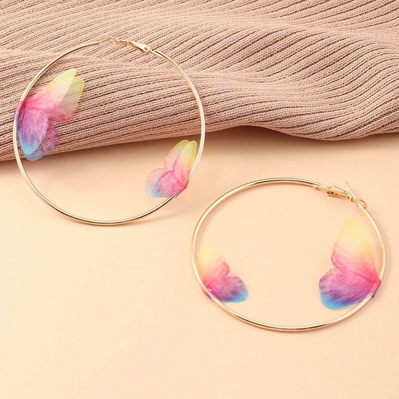 Anting Hoop Lingkaran Besar Desain Double Butterfly Warna Emas Untuk Wanita