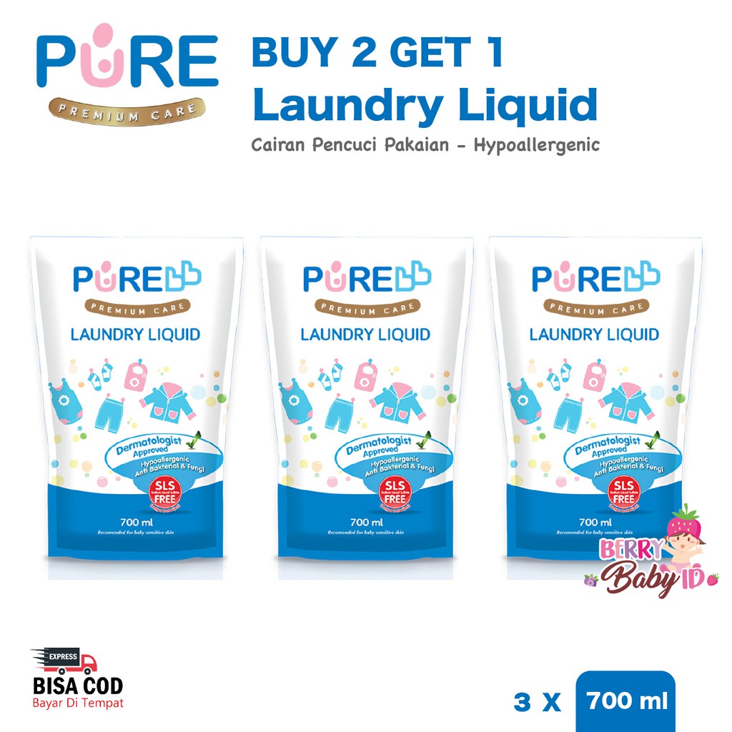 PureBB PAKET BELI 2 GRATIS 1 Laundry Liquid 700 ml Pure BB Sabun Pencuci Baju Bayi Berry Mart