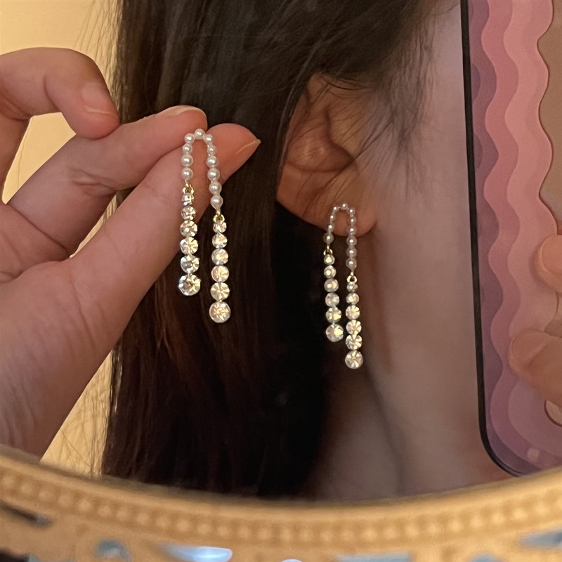 Anting Panjang Hias Mutiara Zirkon Gaya Retro Untuk Wanita