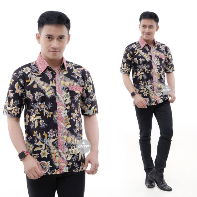 ATASAN HEM BATIK COWOK LENGAN PENDEK HITAM PEACH SALEM PINK MOTIF BURUNG BUNGA SIMPLE MURAH